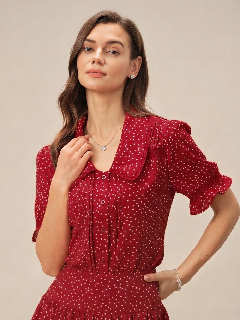 Rihoas Red Puffed Sleeve Polka Dot Collar Blouse